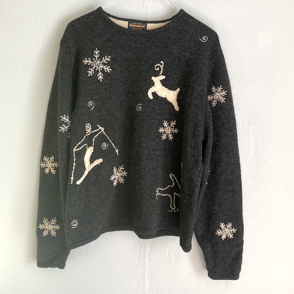 Woolrich Women’s Medium Charcoal Wool Ski Print Sweater